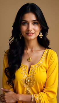 A young woman with long black hair wears a vibrant yellow embroidered kurti and elegant gold necklace, earrings, and bracelet. She has a calm, sophisticated expression.
