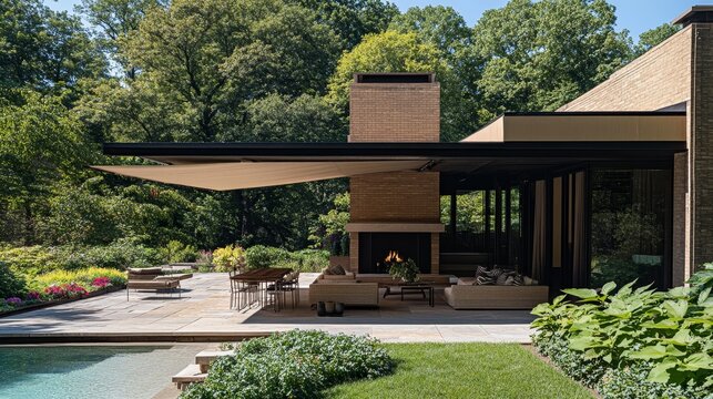 A suburban ranch with an expansive, pull-down awning over the patio, providing adaptable shade and weather shielding.