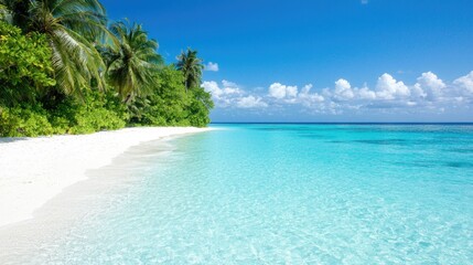 Fototapeta premium Tropical beach paradise Idyllic white sand, turquoise water, palm trees; vacation backdrop