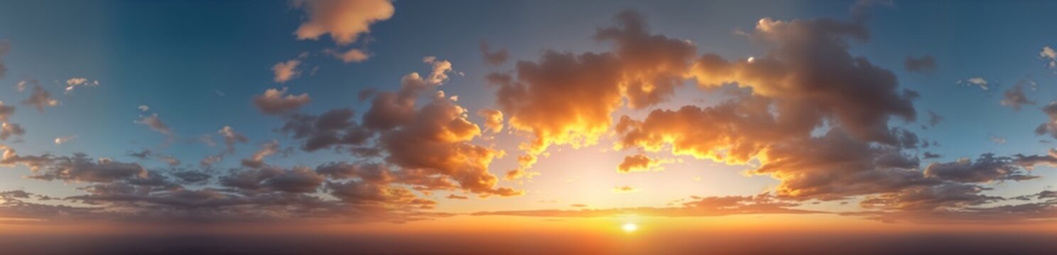 Golden sunset sky panorama. Dramatic cloudscape. Beautiful sunset colors. Aerial view. Horizon line. High resolution. Perfect for 3D graphics. Drone image. Use for sky dome post processing. Suitable