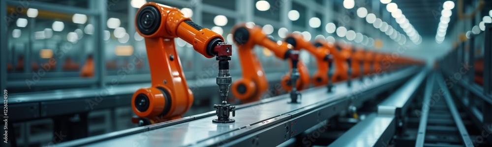 Poster orange tech robots work on assembly line in modern factory. automated equipment performs precise tas
