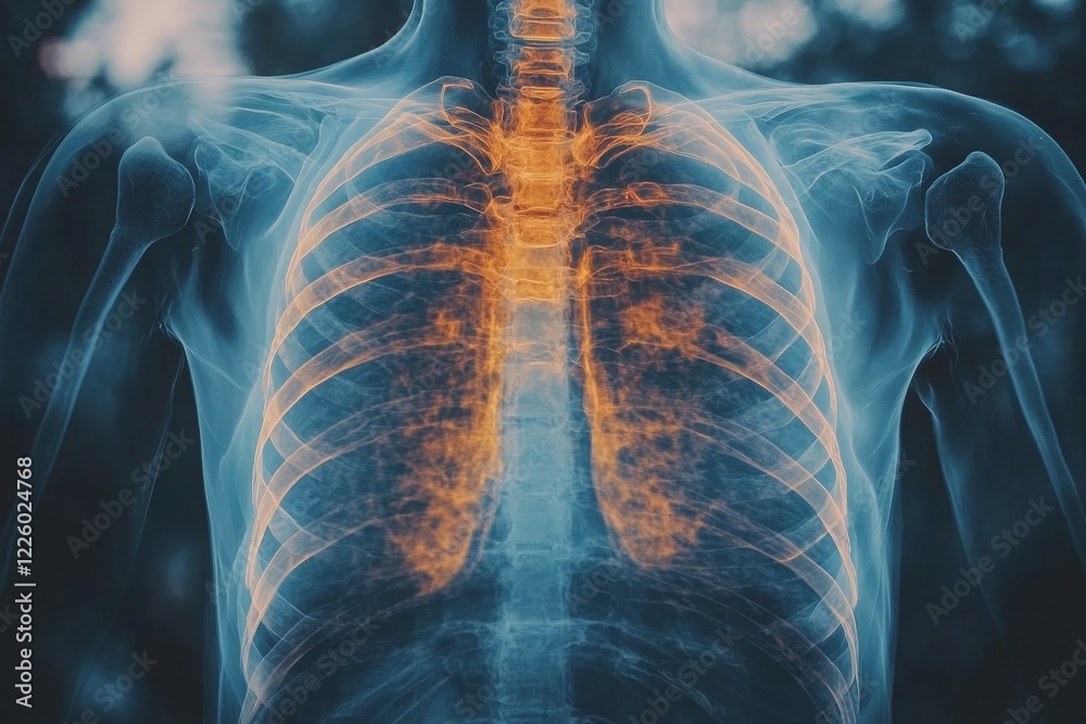 Poster detailed view of an anatomical x-ray illustrating the human lung structure and respiratory system