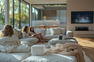 Friends relaxing together in a cozy living room enjoying a leisurely afternoon surrounded by natural light