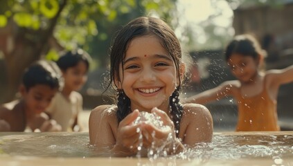 Obraz premium Joyful Splash: A Young Girl's Delightful Bath in Rural India