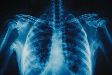 Detailed view of a human chest x-ray showing ribs, spine, and shoulder joints in a medical setting