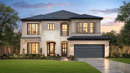 Obraz premium A blue-gray ranch-style house in the modern suburban setting, framed by prairie grassland as the sun sets Leading Lines