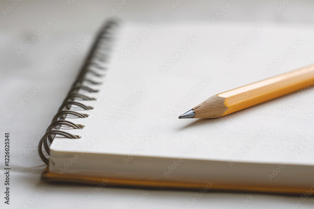 Poster sharpened pencil is lying on an open spiral notebook on a white desk, conveying a concept of writing
