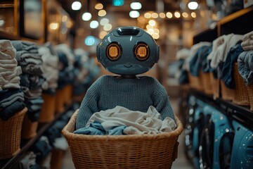 Robot helper carries laundry basket in a cozy laundromat with warm lighting and a welcoming atmosphere