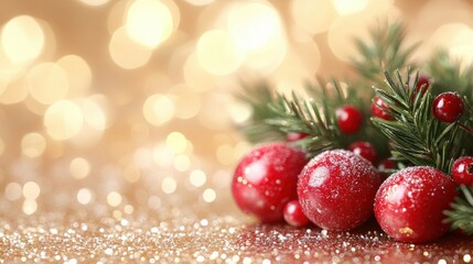 Festive Christmas Ornament and Festive Branches with a Glittering Background