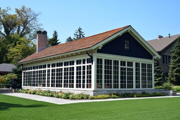 Obraz premium A well-groomed yard hosts a single-story house with a blue facade and white trim, and a sloping roof, against the backdrop of a blue sky.