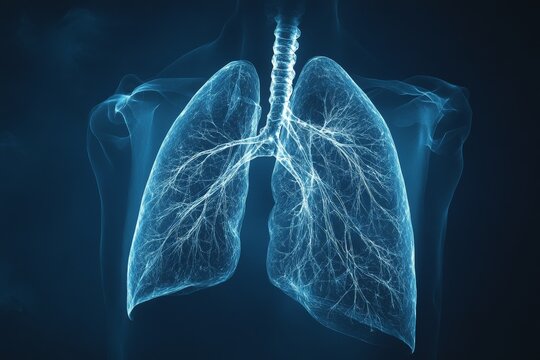 Detailed illustration of human lungs showcasing intricate network of bronchi and blood vessels in vivid blue light
