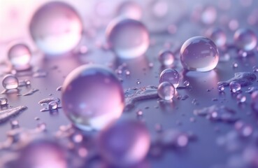 Abstract view of many transparent water droplets, bubbles. Soft purple hues create soothing aesthetic. Image evokes sense of purity, freshness. Clean water droplets, bubbles lie on surface. Image