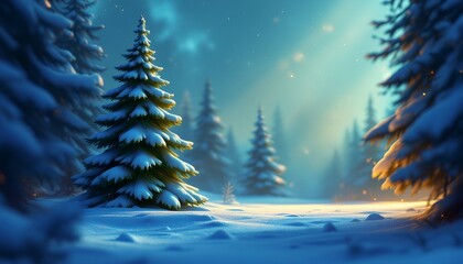 Enchanted Winter Forest: A Single Snow-Covered Pine Tree in a Magical Blue Twilight