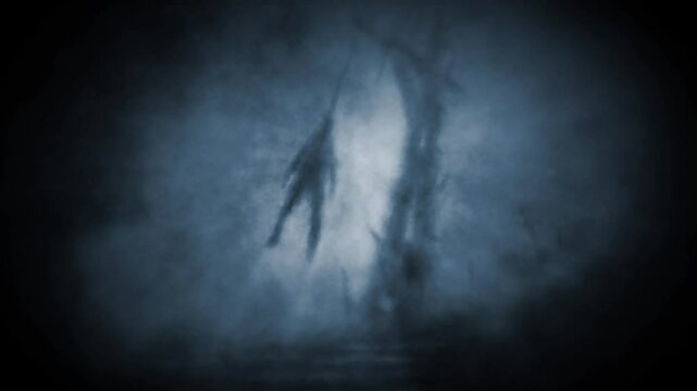 Scary big gallows with dead man hanging from it. Creepy grunge 2D animation. Horror fantasy genre. Gloomy hellish visions. Motion graphics for music clips and VJ loops. 4K animated short video.