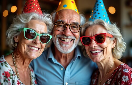 Three senior people smile happily at birthday party in retirement. Wear party hats, sunglasses. Embrace, laugh together. Joyful event takes place at home. Setting evokes celebration of life, bonds of - Powered by Adobe