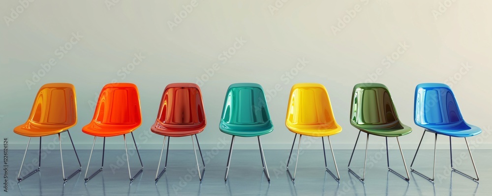 Poster empty waiting room with seven vibrant chairs in a row