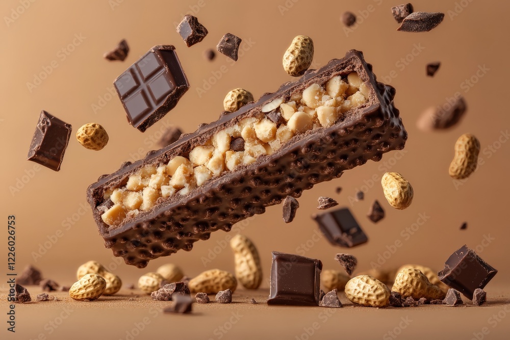 Poster delicious chocolate bar with nuts and chocolate chunks in mid-air with brown background