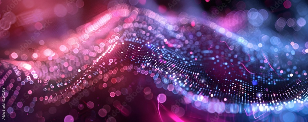 Poster Illuminated particles forming a wavy pattern in abstract background