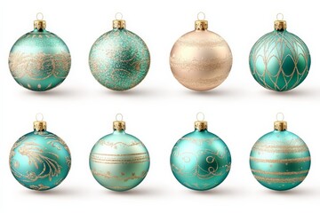 Beautiful collection of turquoise and gold Christmas ornaments arranged in an artistic display for festive decoration