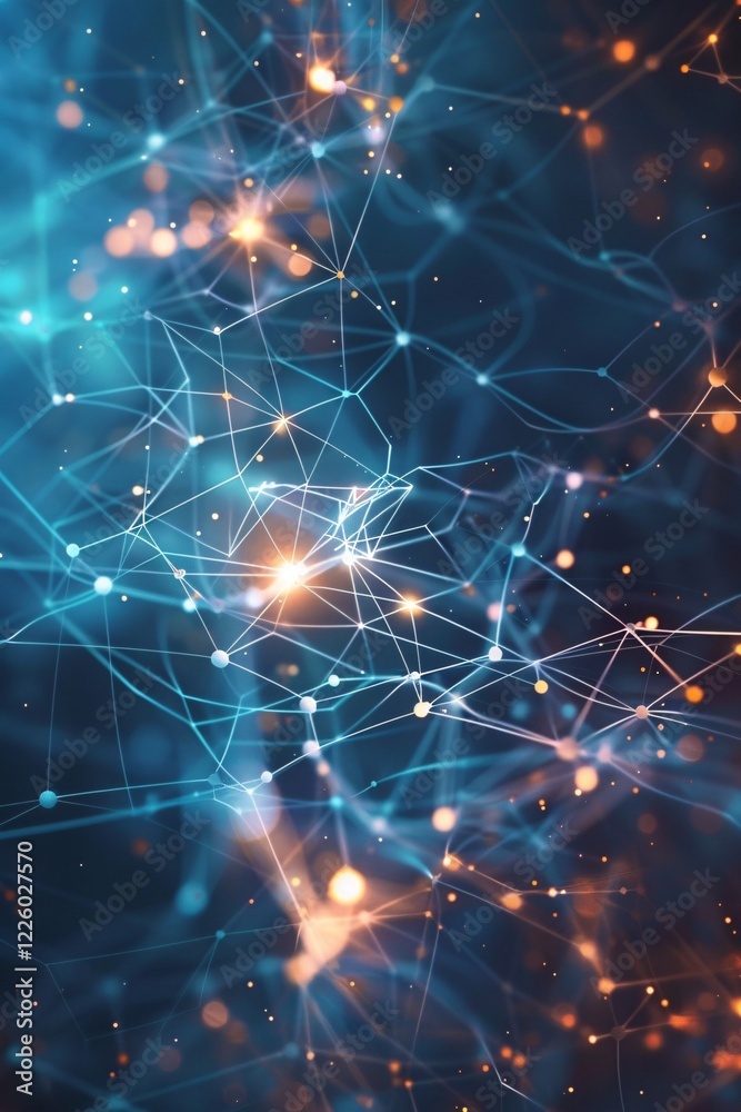 Poster Abstract network with glowing lines and dots on a blue background
