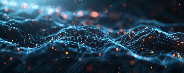 Blue plexus structure with orange particles creating an abstract landscape