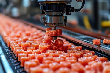 Machine stacking orange jelly cubes on a conveyor belt in a food processing plant during daylight hours