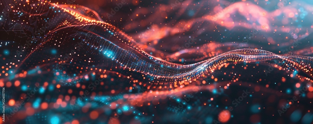Poster orange and blue abstract particles flow through cyberspace, forming a futuristic and tech-inspired b