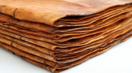 Aged Leather Book Pages Stacked, White Background, History
