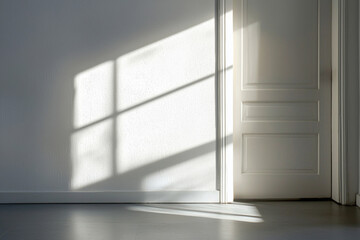 Fototapeta premium Bright natural sunlight is streaming through a window, casting strong shadows on a white wall and closed door in a minimalist interior, creating an abstract geometric pattern of light and shade