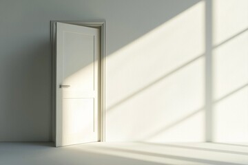 Sunlight streams through a partially open white door and window, illuminating an empty room with white walls and floor, creating an atmosphere of serenity and possibility