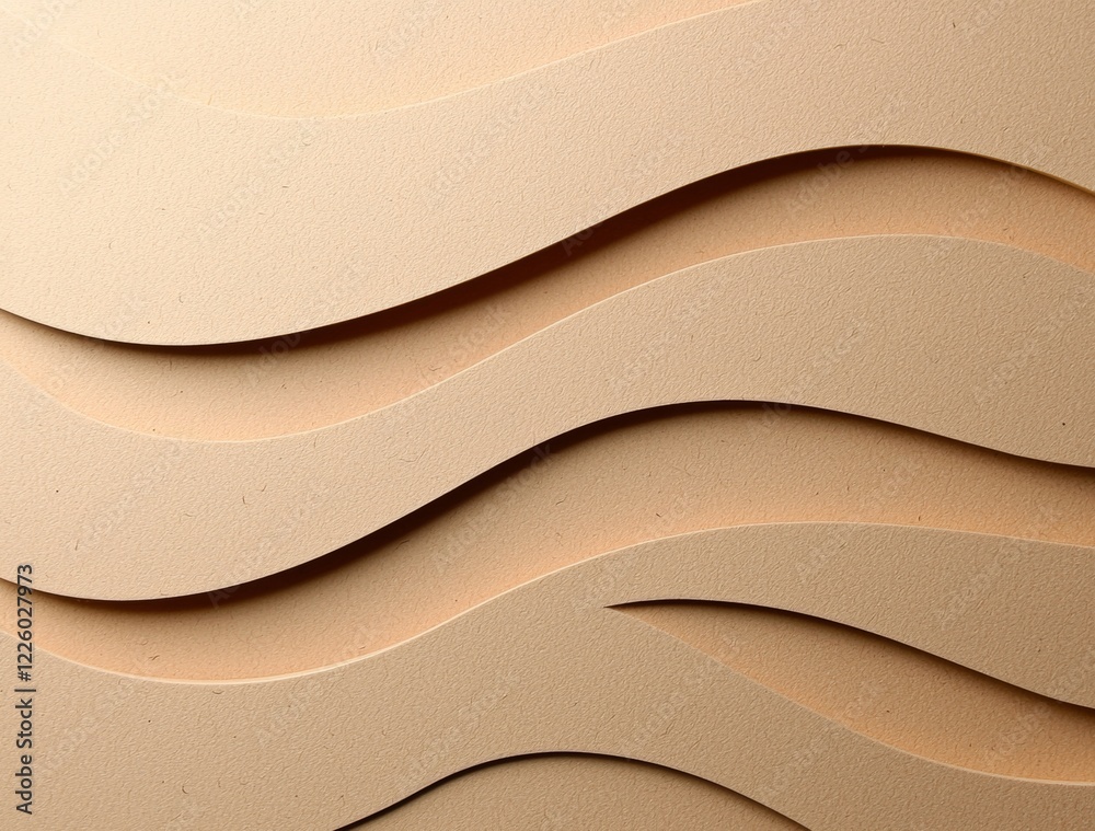 Poster multiple layers of beige textured paper form a wavy, abstract pattern, creating a visually appealing