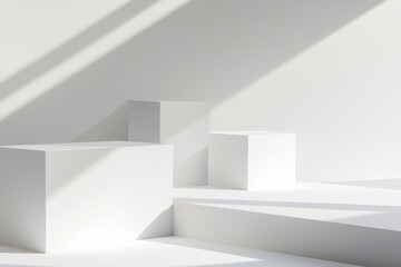 Fototapeta premium White geometric podiums of varying sizes creating a minimalist display for products, illuminated by dramatic lighting from a large window, ideal for luxury items