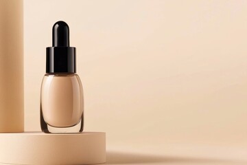 Naklejka premium Glass foundation bottle with dropper rests on a beige podium, showcasing a minimalist cosmetic product presentation with ample space for text or design elements