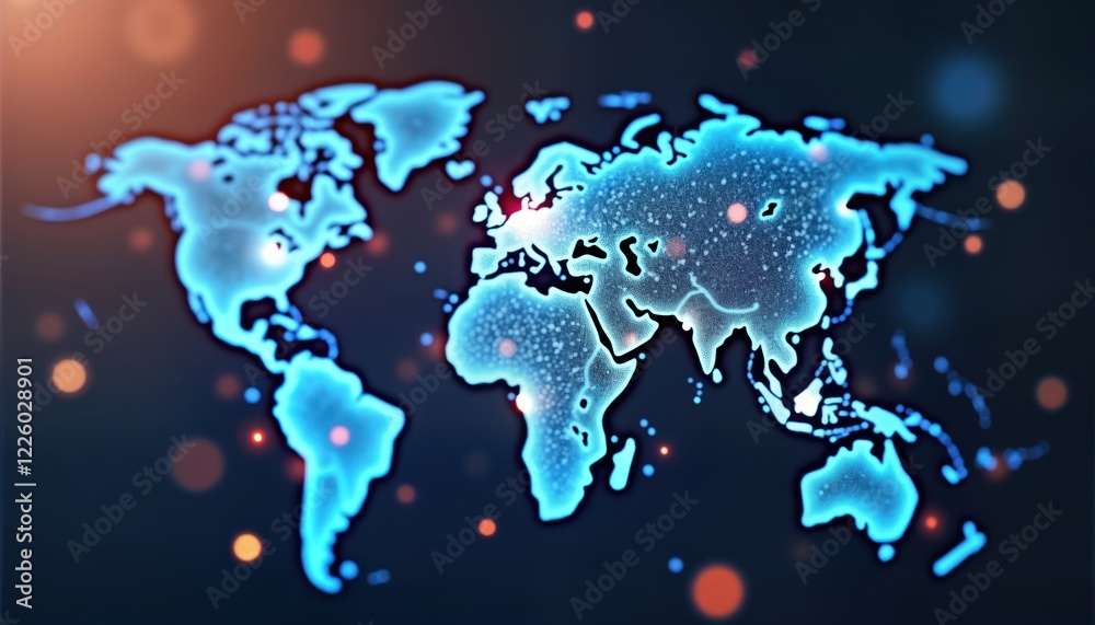 Poster global network graphic. world map with glowing blue lines connecting continents. illustration shows 