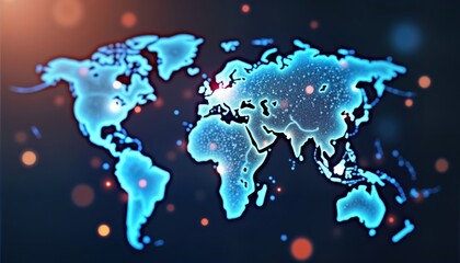 Fototapeta premium Global network graphic. World map with glowing blue lines connecting continents. Illustration shows global data exchange, communication. International business connections. Customer service tech.