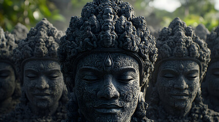 Obraz premium Serene stone statues, Balinese garden, spiritual focus, meditation, outdoor display