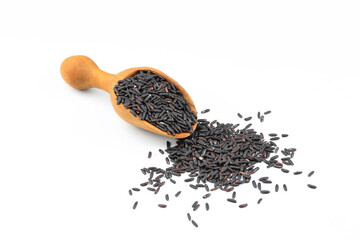 Black wild rice with bamboo spoon isolated on white background