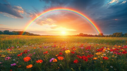 Vibrant sunset rainbow over wildflowers field