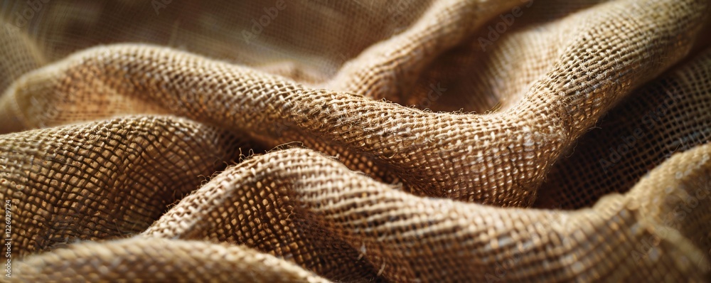 Poster Natural burlap fabric close-up with elegant waves, ideal for a rustic and textured backdrop