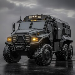 Obraz premium Powerful six-wheeled armored military truck on dark wet asphalt.