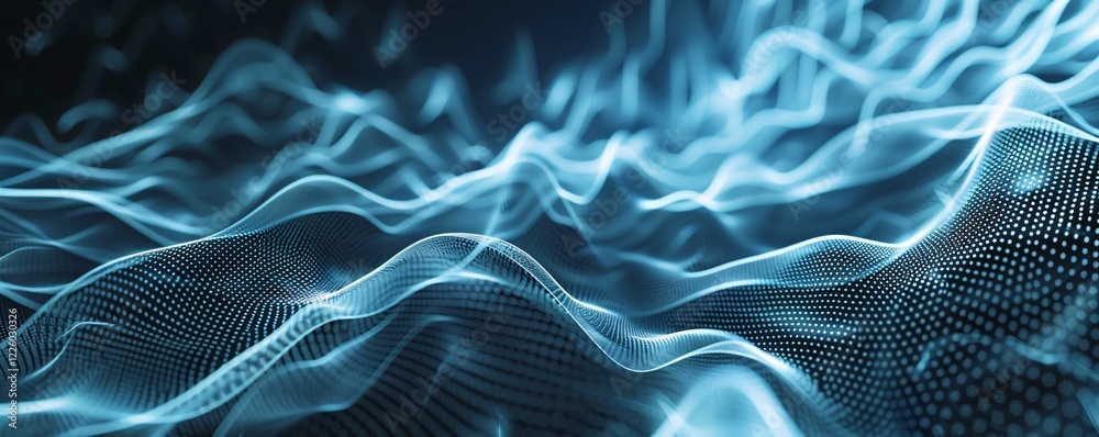 Poster flowing and futuristic wavy surface formed by abstract blue particles background