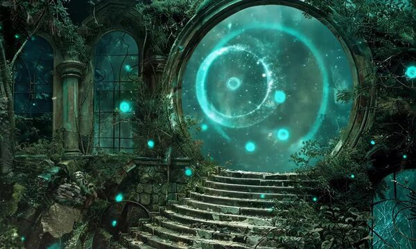Magical Portal in a Ruined Castle. Anime Fantasy Style Looping. Animated Background / Wallpaper. VJ / Vtuber / Streamer Backdrop. Seamless Loop.