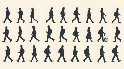 Silhouetted pedestrians walking city street; urban commute background; website illustration