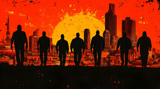 Silhouetted men walking city sunset; urban crime drama poster