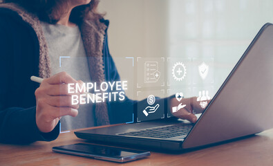 Businesswoman presents employee benefits options on a digital interface. Employee benefits and compensation strategy concept. Icons various benefits such as healthcare, insurance, and financial perks.