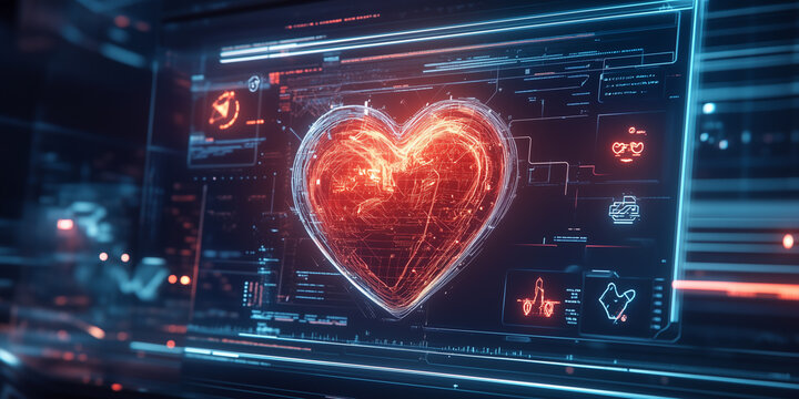 A heart that looks like an interactive AI interface, with buttons and glowing icons appearing around it. Valentine's Day
