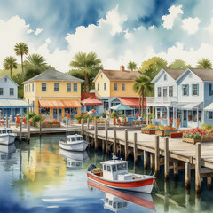 Obraz premium watercolor illustration of Tarpon Springs, Florida, showcasing its historic sponge docks