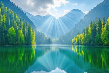 Obraz premium Sunbeams over serene alpine lake, mountain reflection, tranquil nature scene, perfect for travel brochures