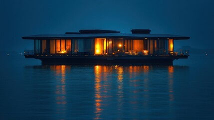 Illuminated floating house on calm water at night.