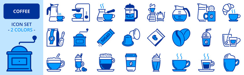 Icons in two colors about coffee